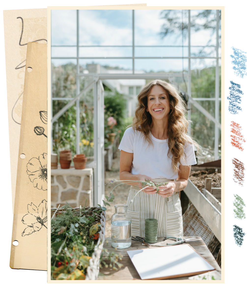 Surface Pattern Designer and Creative Entrepreneur Bonnie Christine’s inspiration board, featuring nature-inspired elements like a monarch butterfly, fabric swatches, and earthy color palettes.