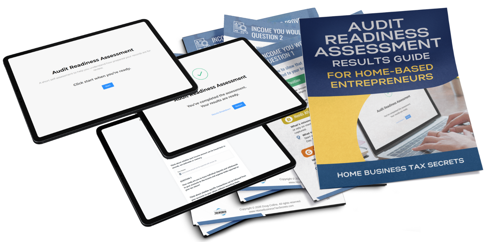 Audit Readiness Assessment for Home-Based Entrepreneurs Audit Readiness Assessment guide and results workbook displayed on tablet and document mockups
