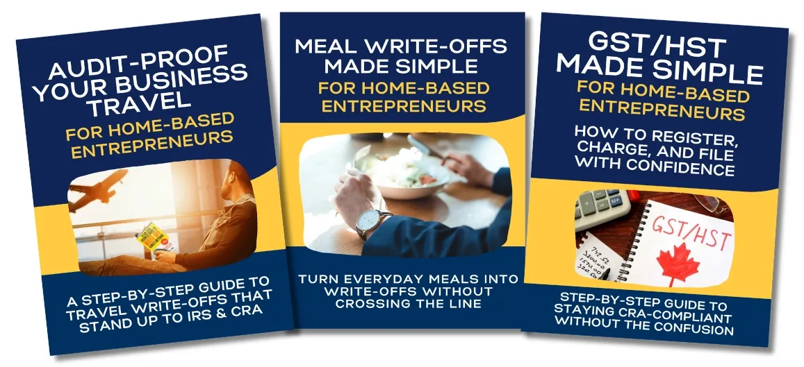 Practical Tax Guides for Travel, Meals, and GST/HST Three Home Business Tax Secrets guide covers for business travel, meal write-offs, and GST/HST