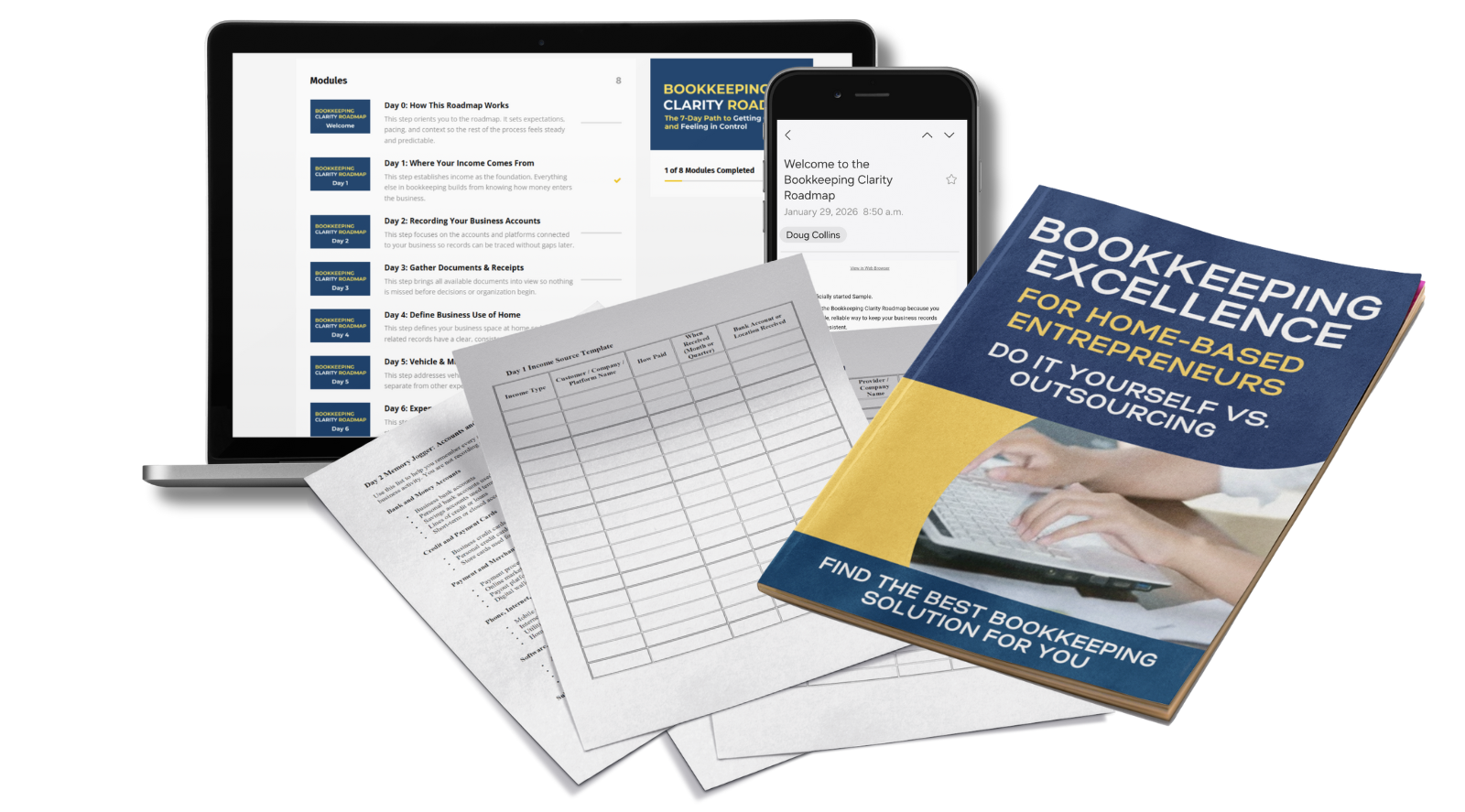 Bookkeeping Clarity Roadmap for Home-Based Entrepreneurs Bookkeeping Clarity Roadmap dashboard displayed on laptop with supporting tax guides for IRS and CRA