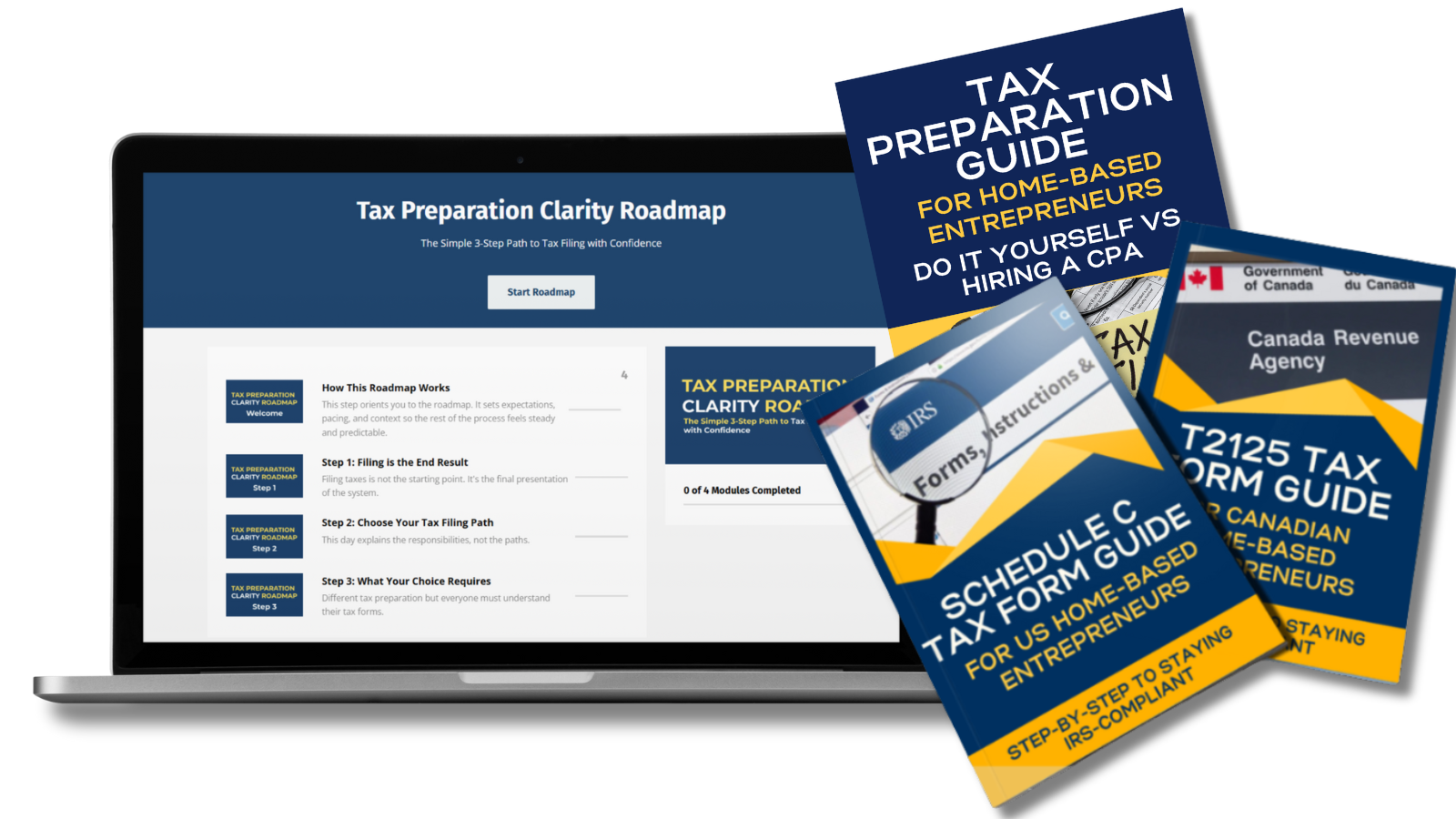 Tax Preparation Clarity Roadmap for Home-Based Entrepreneurs Tax Preparation Clarity Roadmap displayed on laptop with Schedule C and T2125 tax form guides