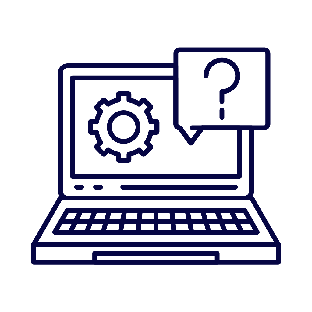 laptop with cog and question mark