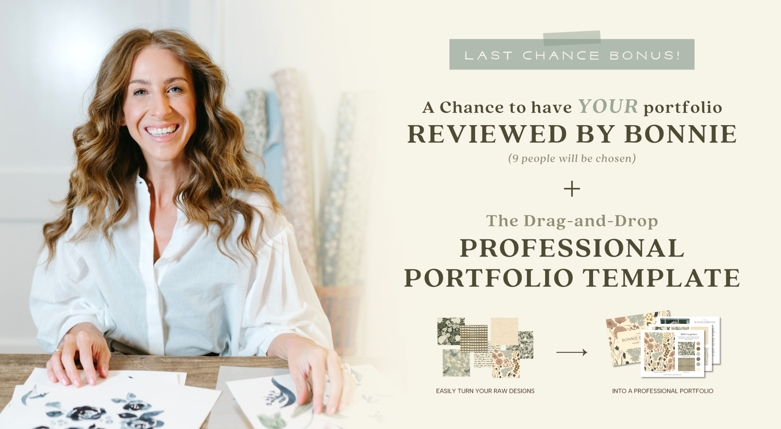 Surface Pattern Designer and Creative Entrepreneur Bonnie Christine’s inspiration board, featuring nature-inspired elements like a monarch butterfly, fabric swatches, and earthy color palettes.