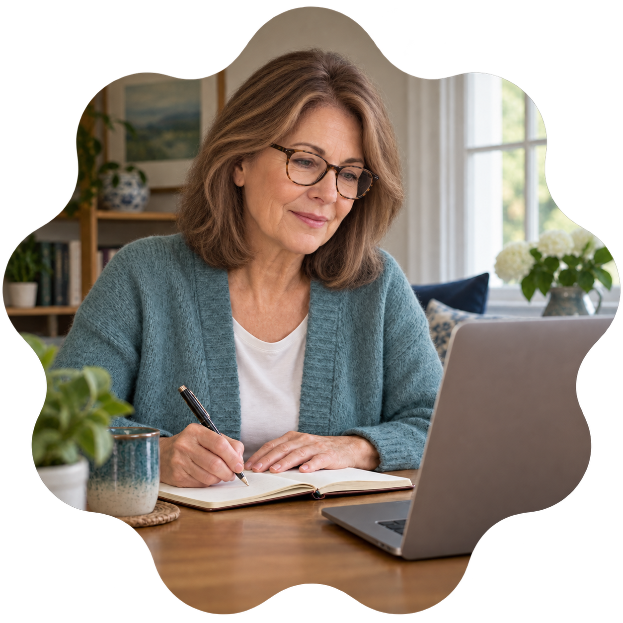 Woman taking notes in a notebook while learning at her laptop