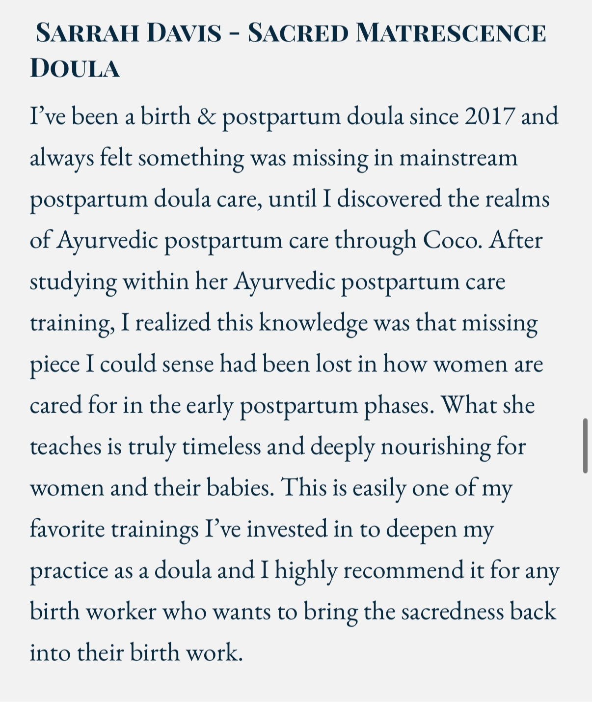 Postpartum Doula Programs For Your Holistic Business student testimonials