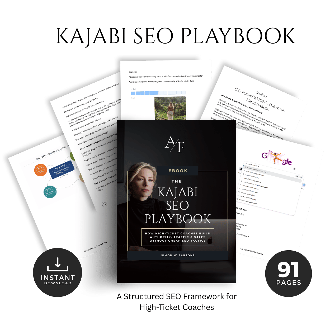 Kajabi SEO Playbook ebook cover with 91-page guide for coaches and course creators