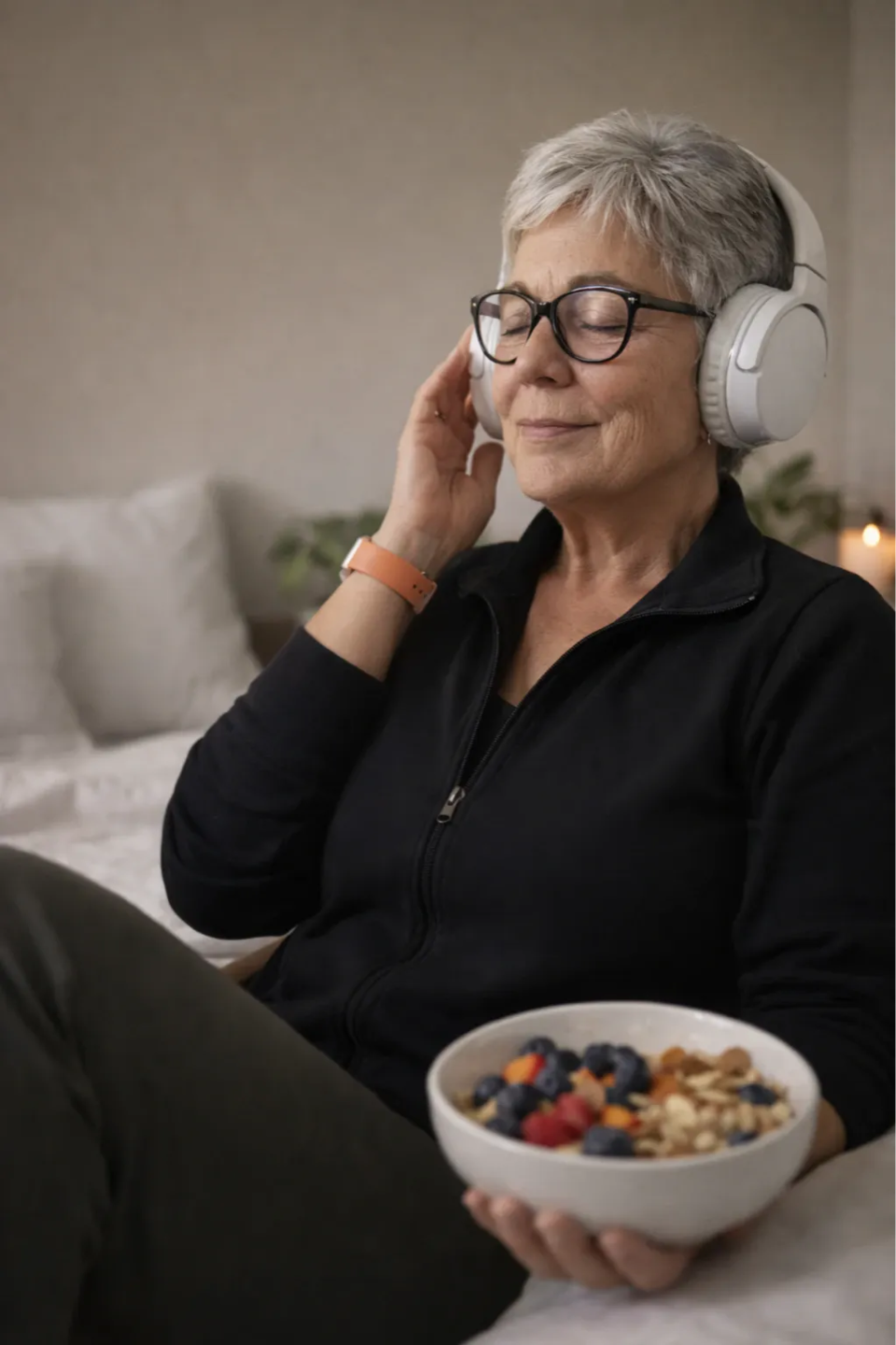 Coach Deb sitting on her couch, wearing headphones, with a bowl of fruit and nuts in her hand