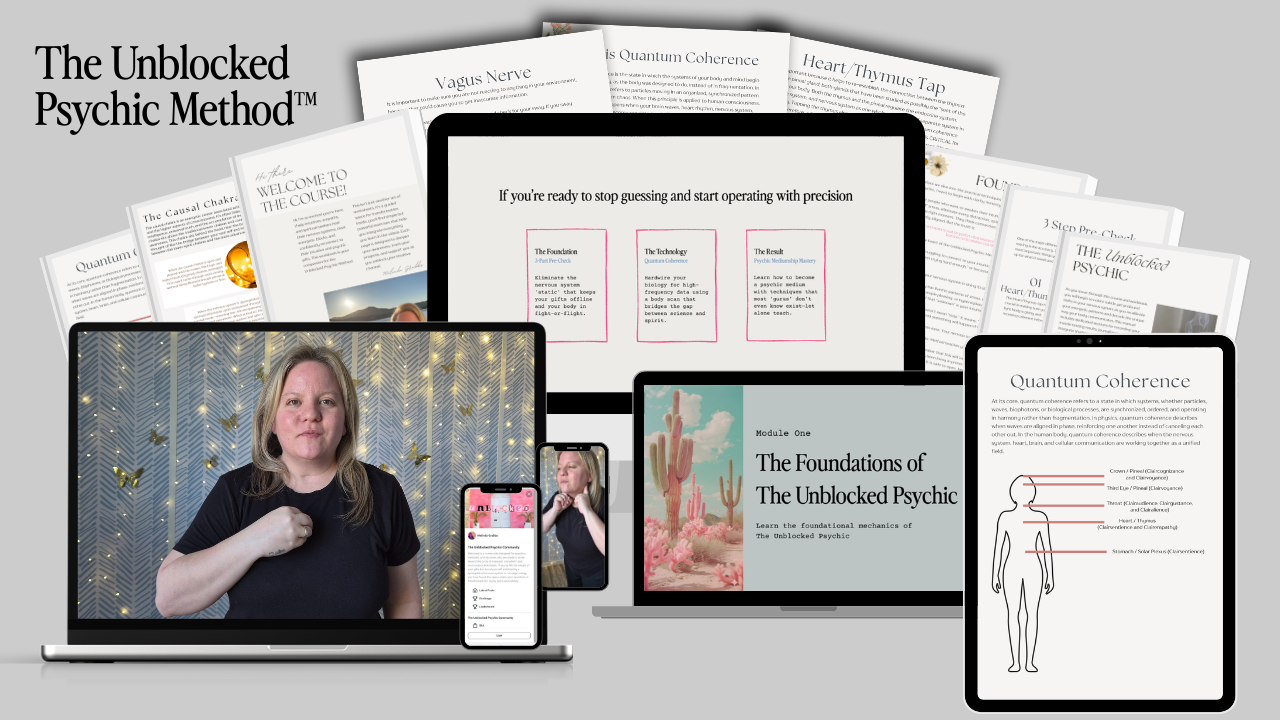 The Unblocked Intuitive mockup photo with preview of handouts, and computers with Melinda on them