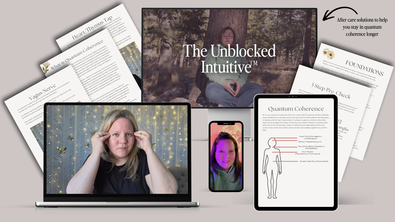 The Unblocked Intuitive mockup photo with preview of handouts, and computers with Melinda on them