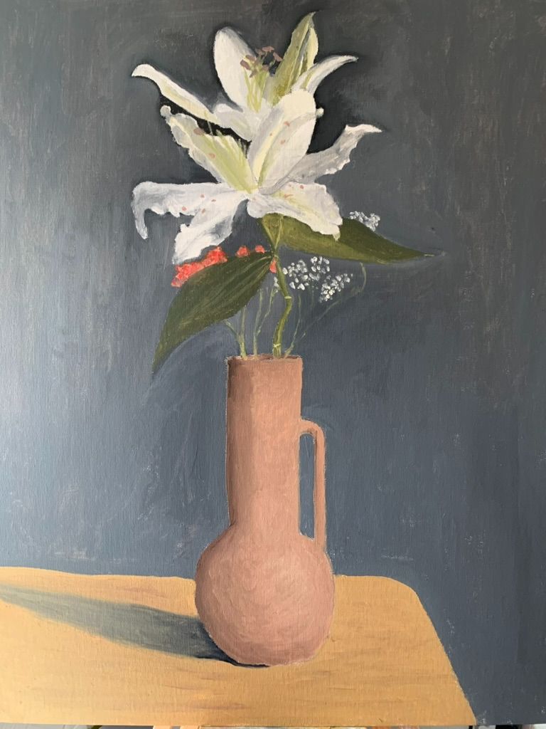 Student still life oil painting with lily flowers