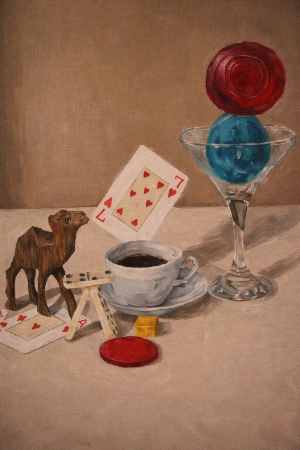 Student still life oil painting with glass and reflections