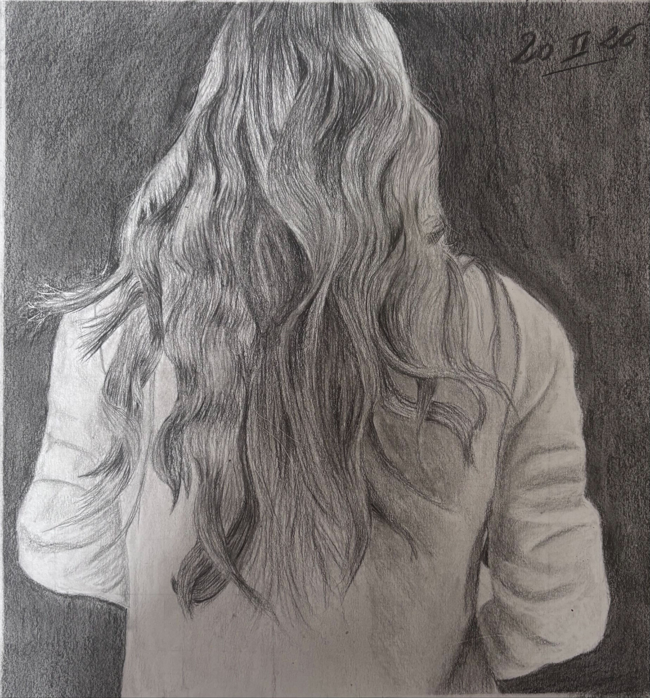 realistic hair drawing of a student from the portrait drawing course