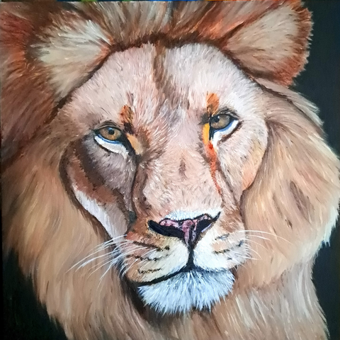 Student oil painting of a realistic lion portrait from the animal painting course