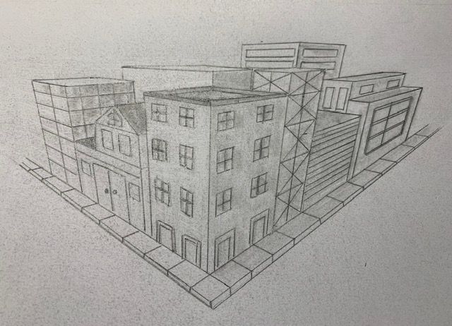 Student drawing of a city street in one point perspective