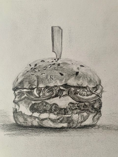 burger drawing in two point perspective by a student