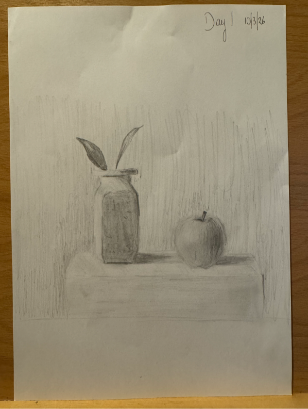 student still life drawing of a burger