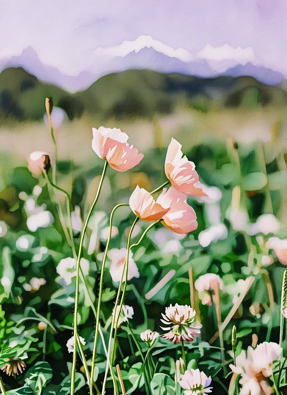 Watercolor Photo of Pink Flowers Blossoming Strong and Joyful Before a Mountain by Haute Stock