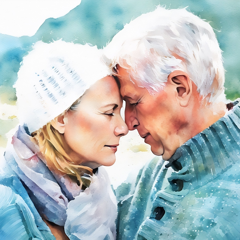 Watercolor Painting of a Deeply Connected Midlife Couple