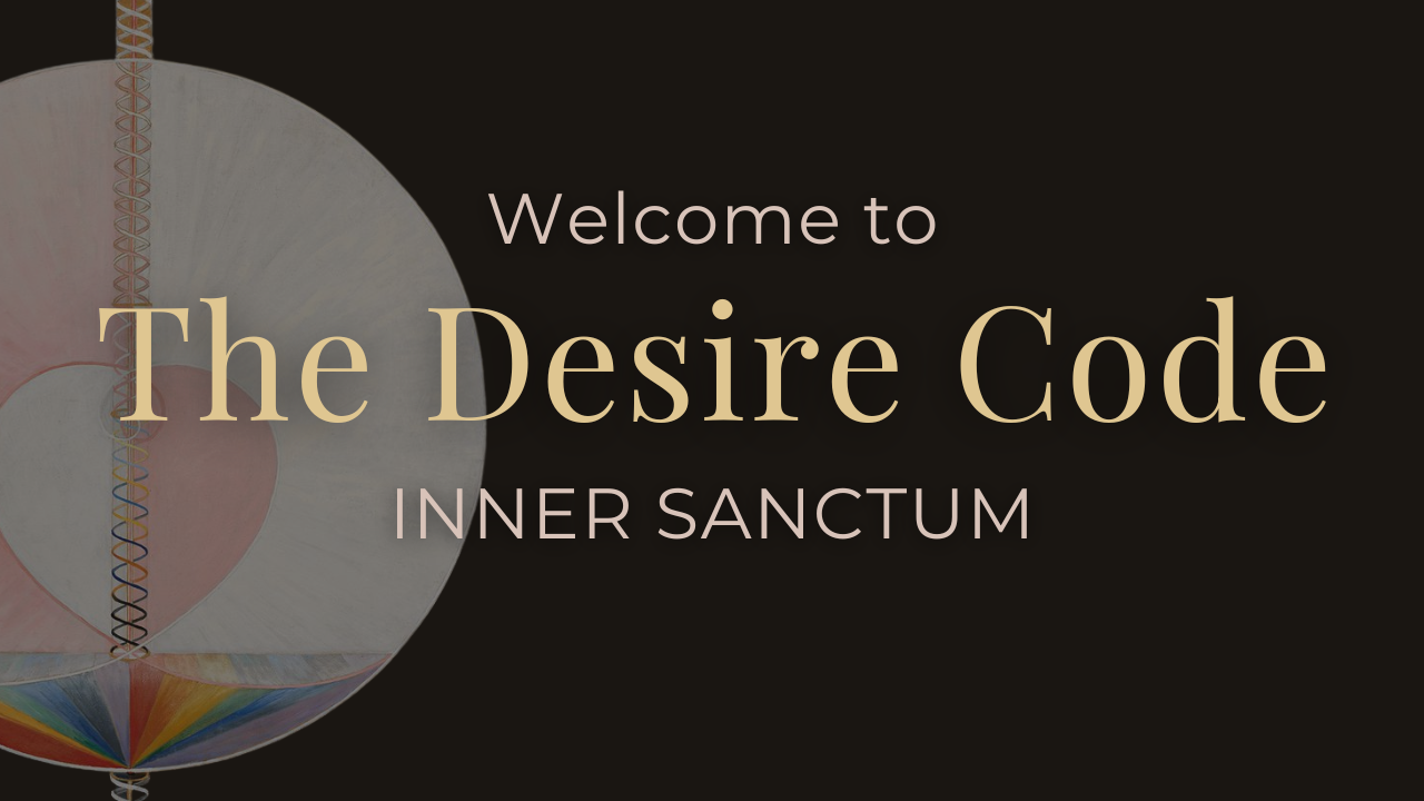 A banner featuring a dark, elegant aesthetic with text and an abstract art piece.  On the right side, the text "Welcome to The Desire Code" is prominently displayed in a gold-toned, serif font, followed by the words "INNER SANCTUM" in a smaller, clean sans-serif typeface.  On the left, a circular abstract artwork is partially visible. It features a pale, textured background with a central heart shape and a vertical column of colorful, interlocking rings. At the bottom of the circle, vibrant rainbow-colored rays spread outward from the base of the column.