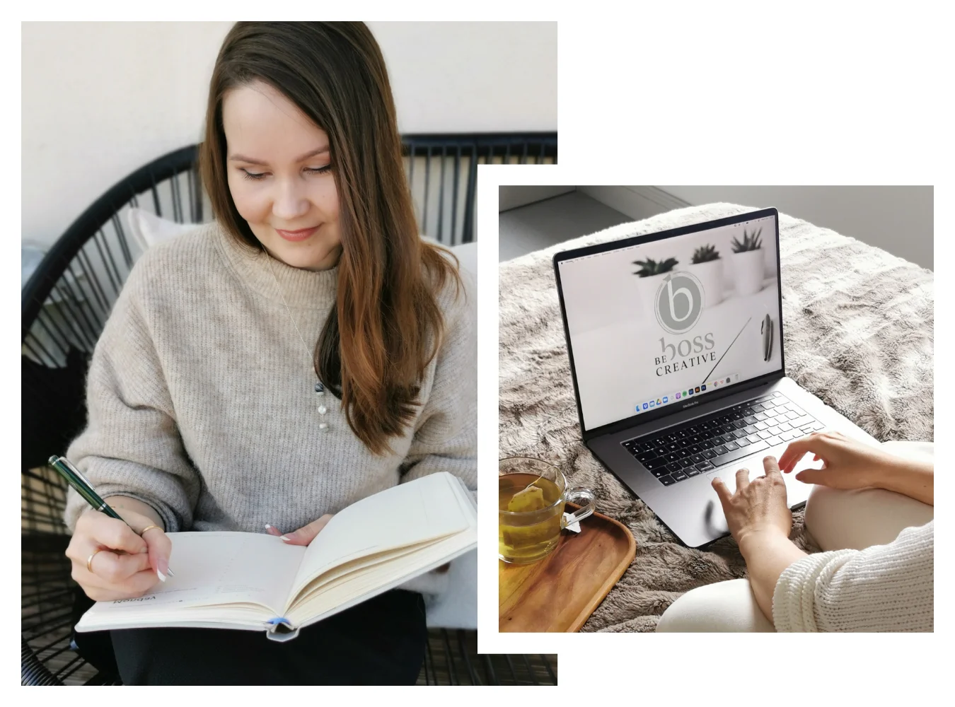 sales funnel designer writing notes and working on her laptop