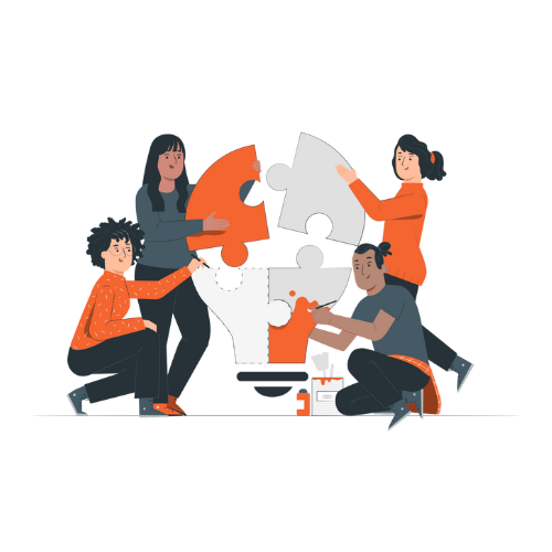 The illustration depicts a diverse group of people working together to assemble a large lightbulb from puzzle pieces, representing collaboration, shared leadership, and collective insight.