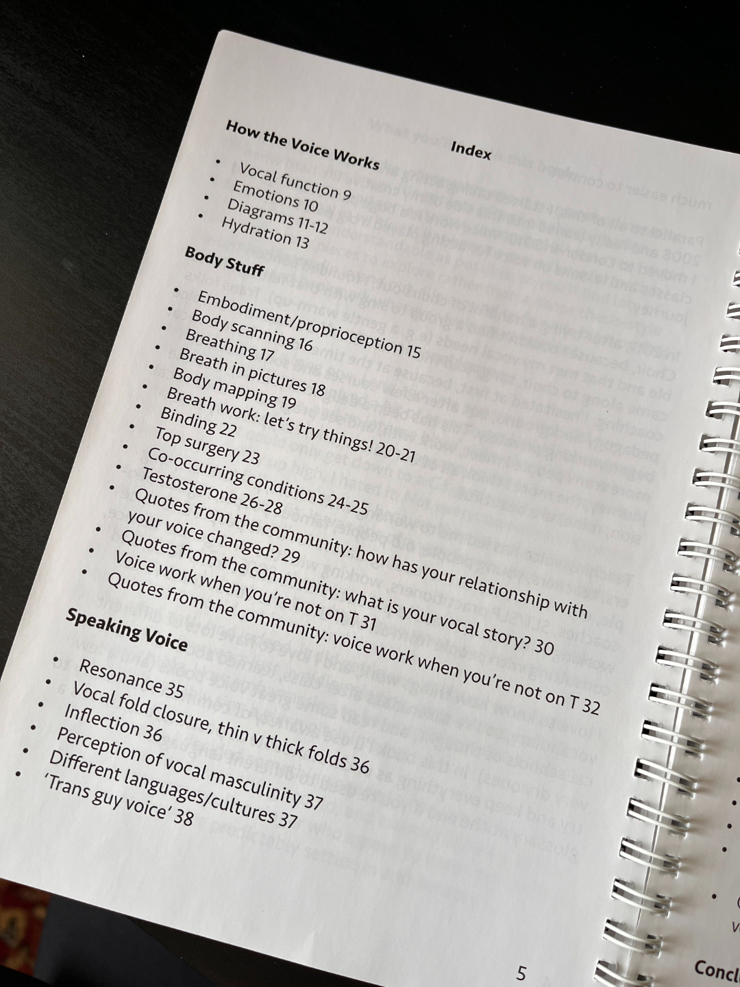 Table of contents page from The Transmasculine Voice by Stephen Davidson, showing sections on speaking exercises, singing exercises, and testosterone &mdash; an FTM voice training guide