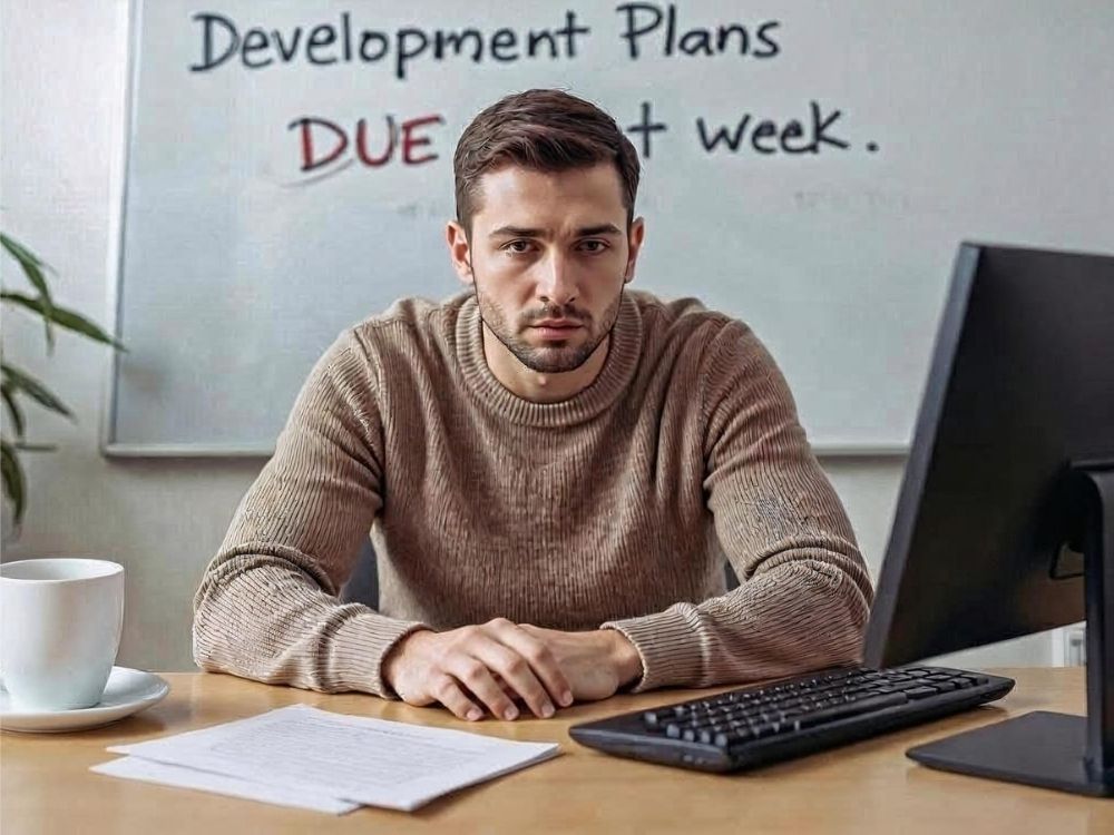 Man annoyed with "development plans due next week" on whiteboard