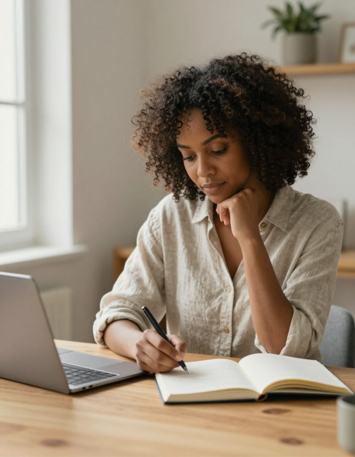 Business woman at window with mug thinking