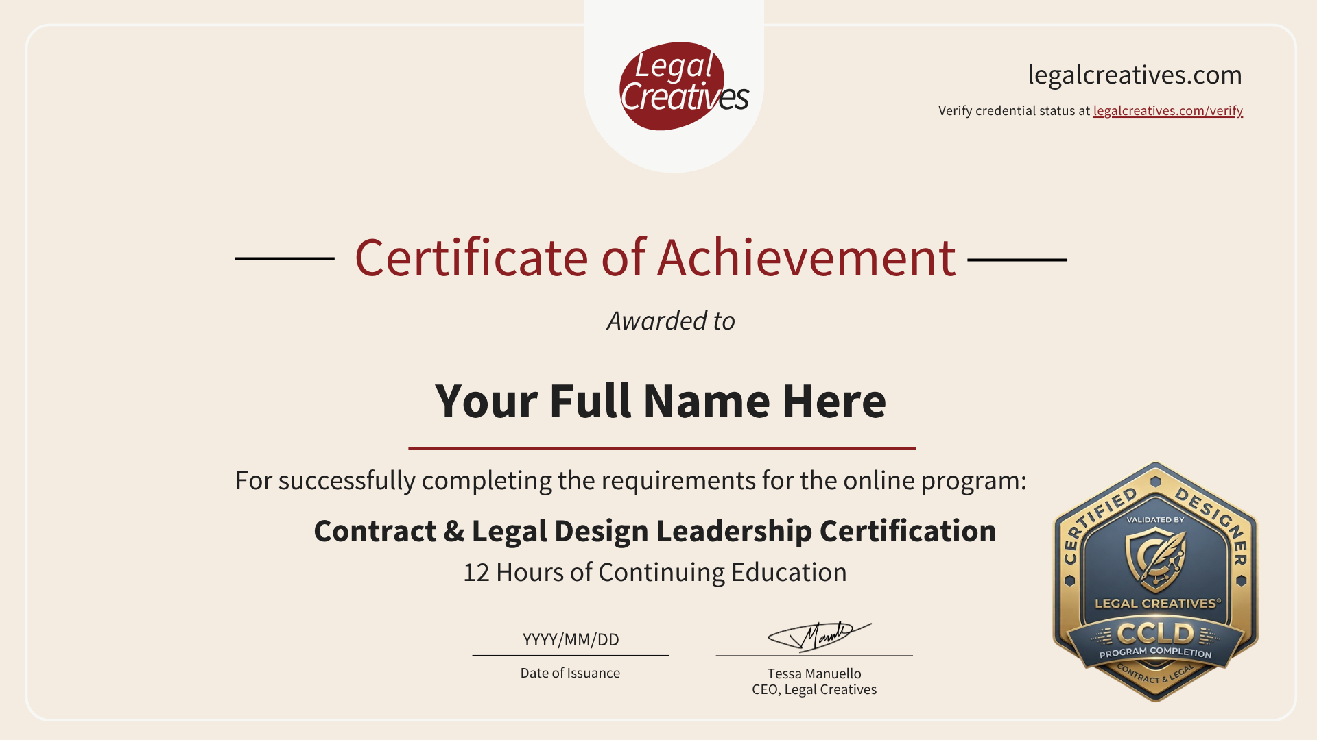 Certified Contract & Legal Designer (CCLD) Certificate Preview