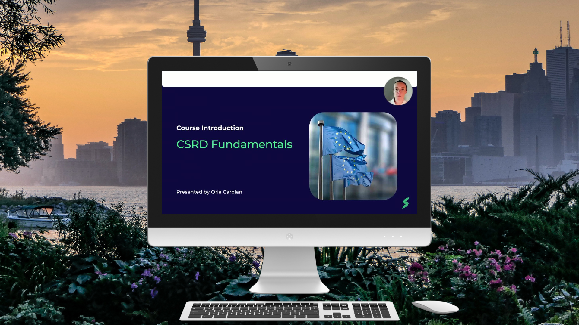 Computer screen displaying an introduction to CSRD Fundamentals course video