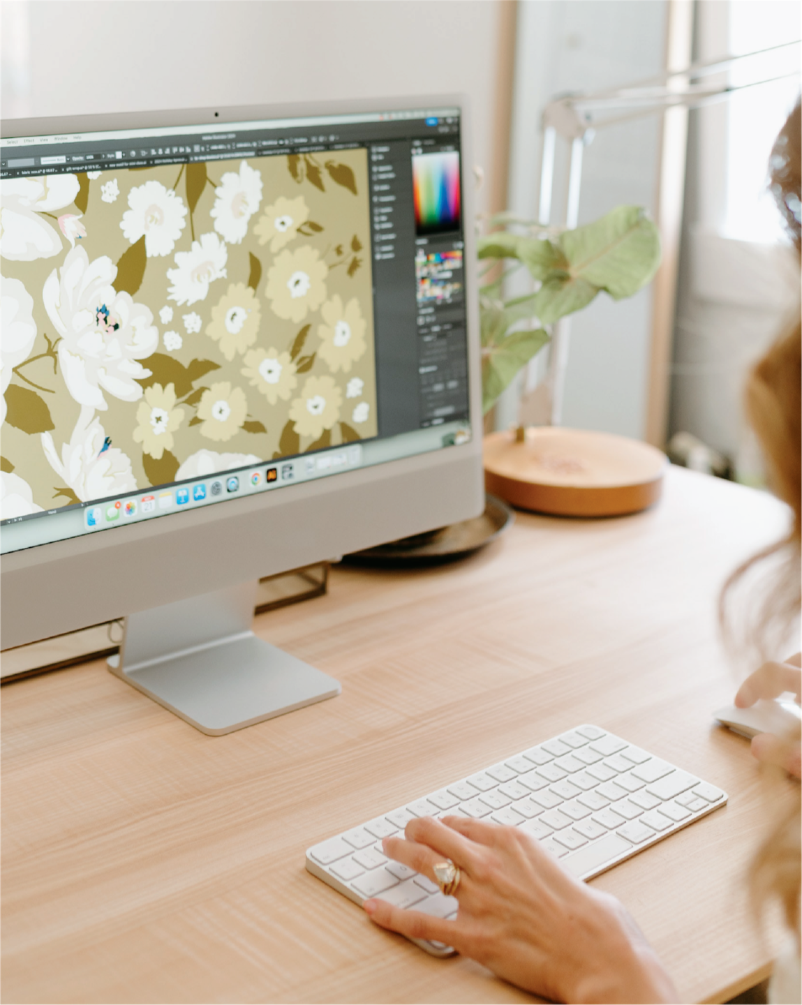 Textile designer Bonnie Christine posing for the Pattern+ Pattern Plus Industry Kit, full of mock ups, social planners, business templates, and AI prompts.