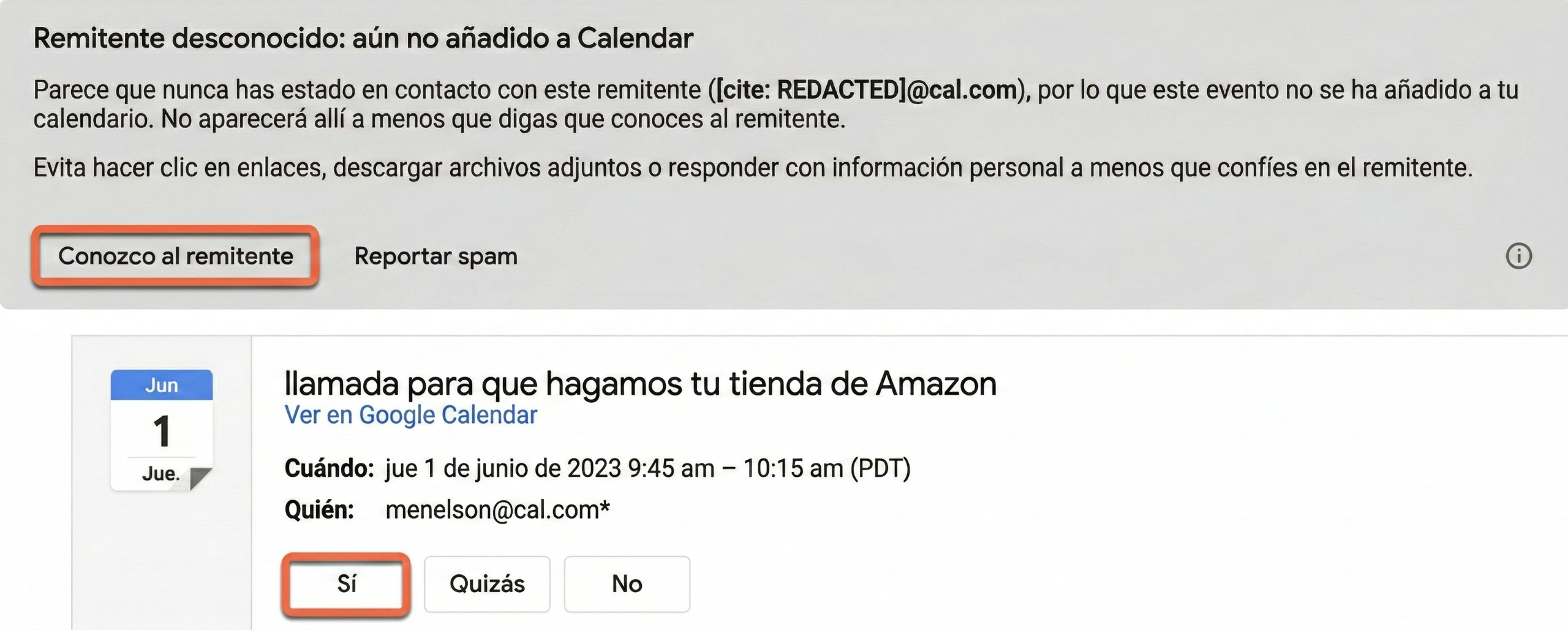 Google Calendar - Selecciona Sí o Conozco al remitente
