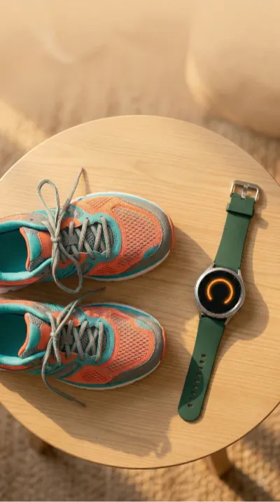 running shoes and watch on a table