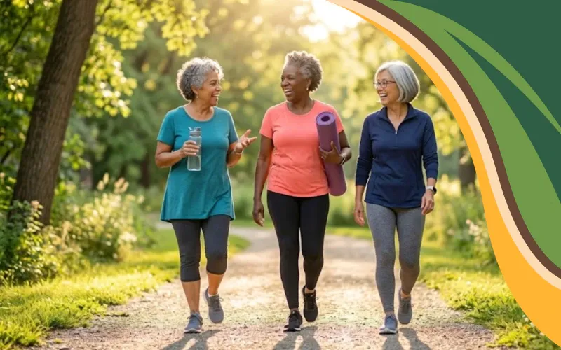 A group of three diverse women over 50 walking and laughing together in a sun-drenched park during golden hour, representing the 
