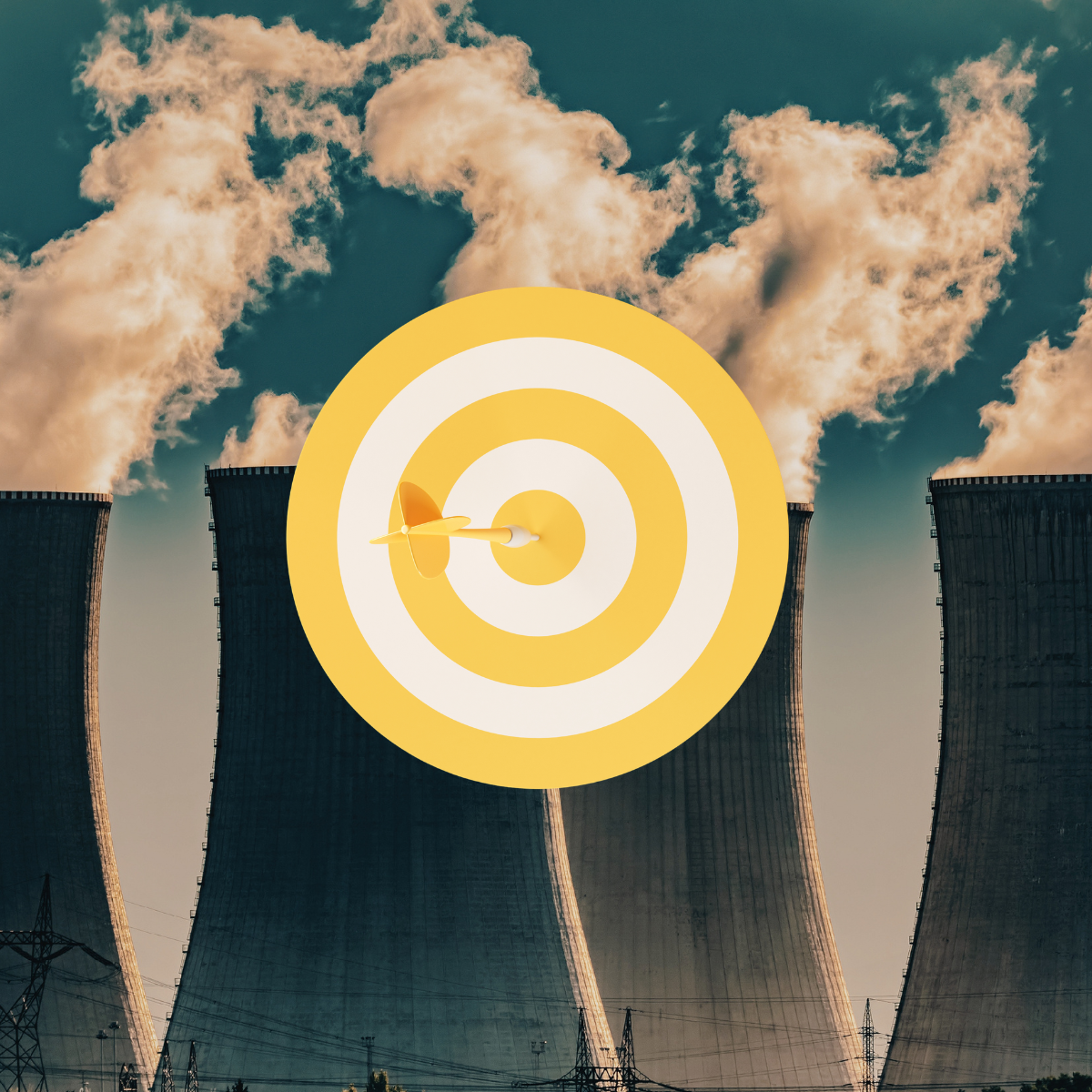 Factory chimneys emitting smoke with a target board in the foreground