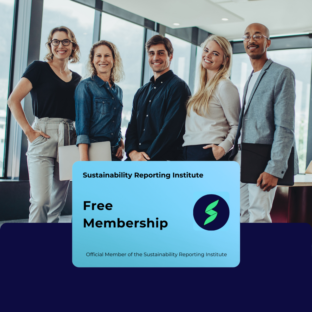 Team of professionals in an office with a Sustainability Reporting Institute Free Membership card displayed