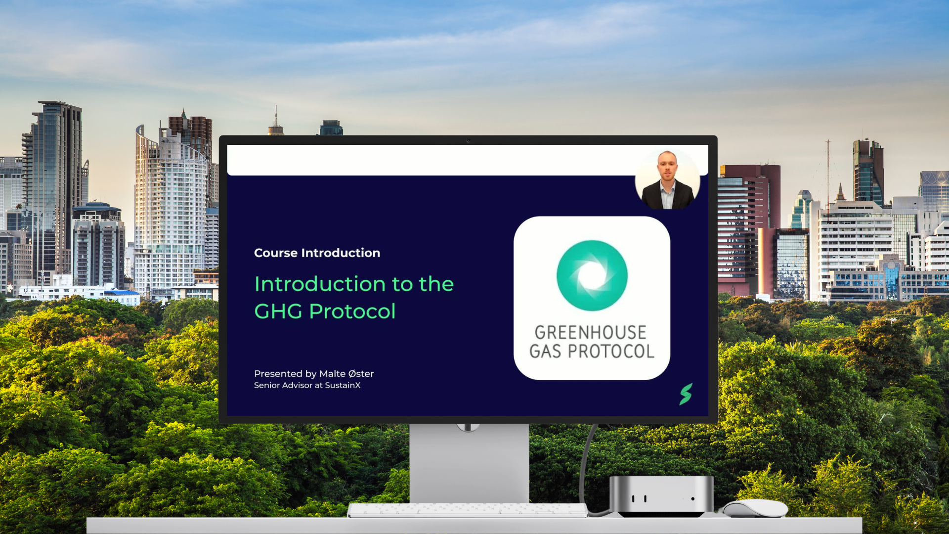 Computer screen displaying a GHG Protocol introduction course video