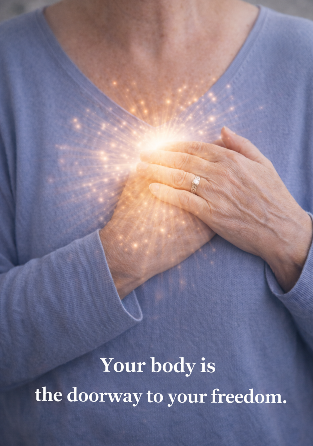 Lisa Morgan of Lisa M Life Coaching Albuquerque with hands over heart and glowing light, representing body wisdom, healing, and personal freedom