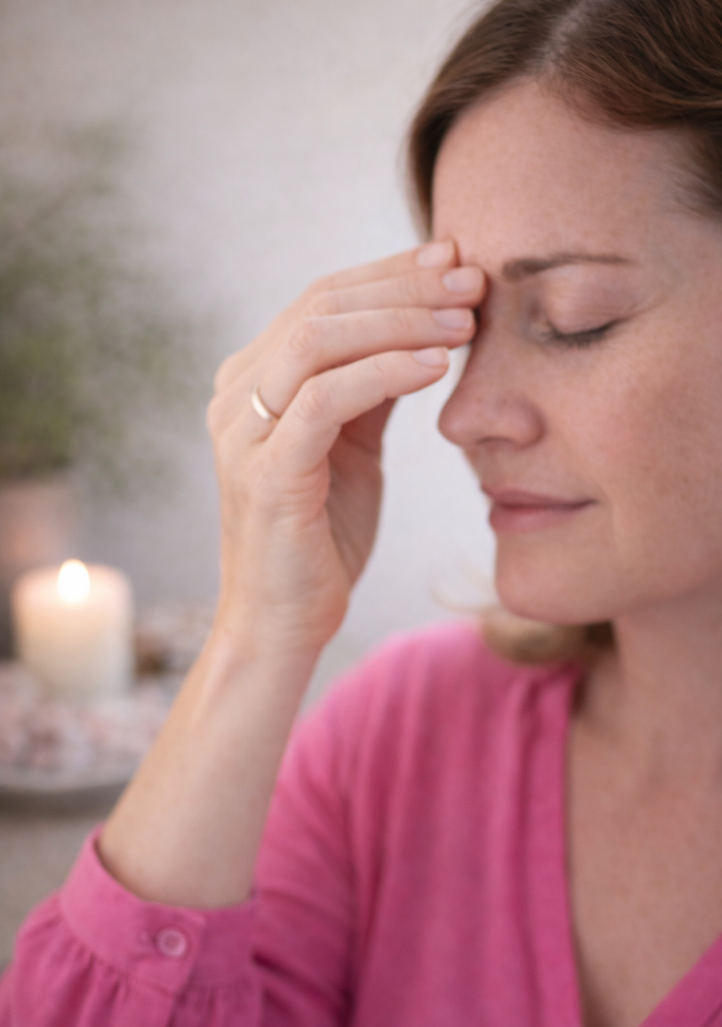 Close-up of woman practicing EFT tapping in a peaceful wellness setting for Lisa M Coaching Albuquerque