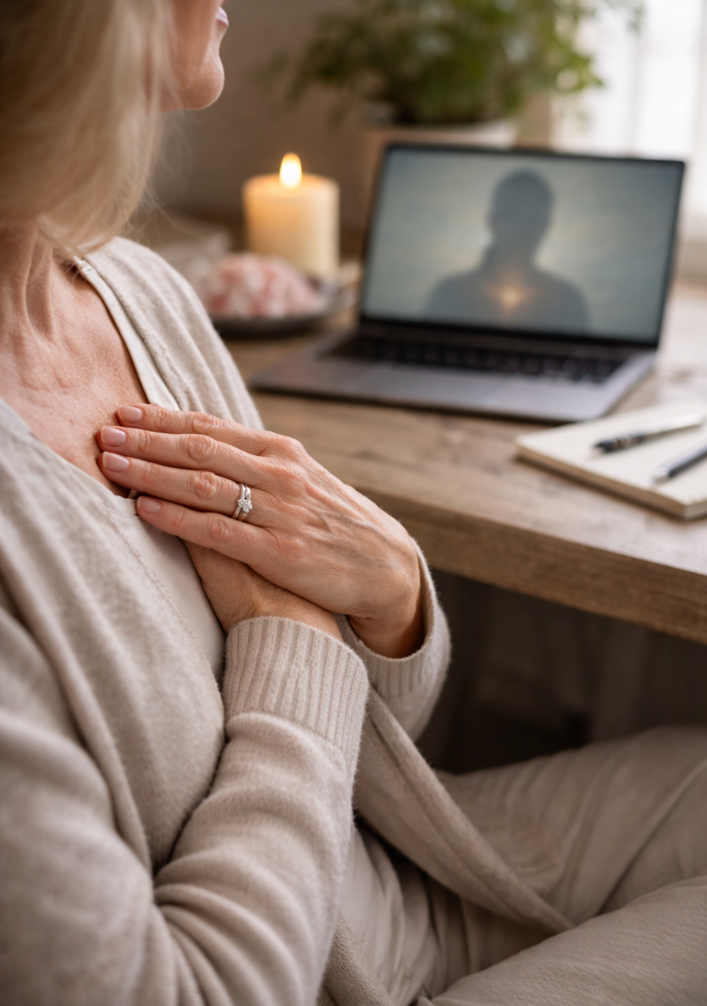 Woman with hands over her heart during a private online healing session, symbolizing emotional release, safety, and inner calm