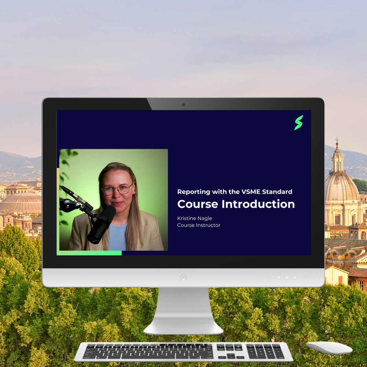 Computer screen displaying a course video introduction to Reporting with the VSME Standard