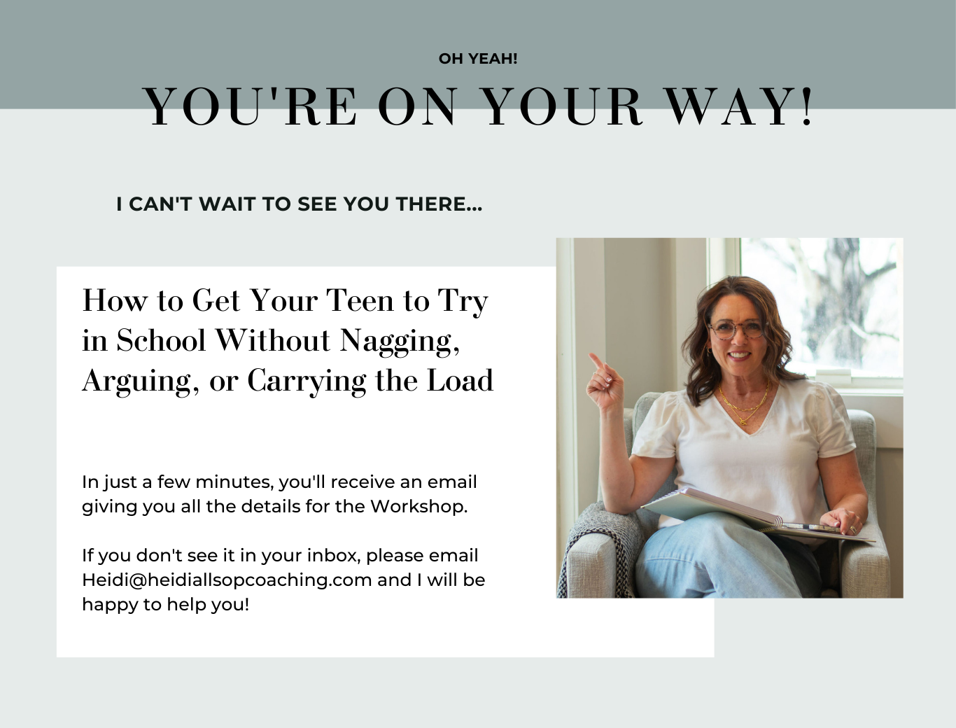 photo of Heidi Allsop a Master life and parenting coach, host of raising boys building men podcast pointing finger to text, smiling with dark hair and a white shirt on