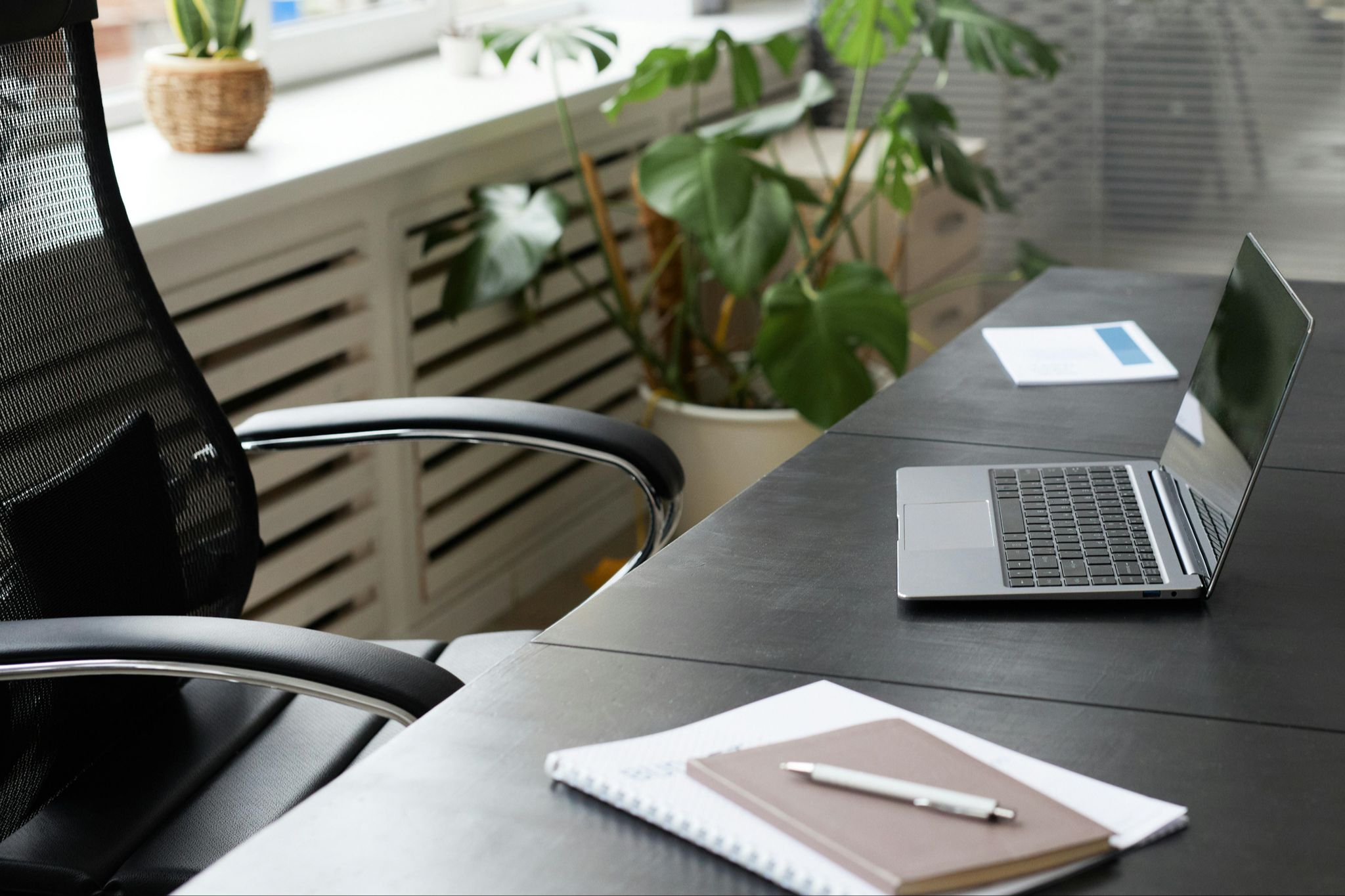 Close up of a professional desk showing a laptop, notebook, pen and desk chair. In the background are indoor plants and sunlight from a window.