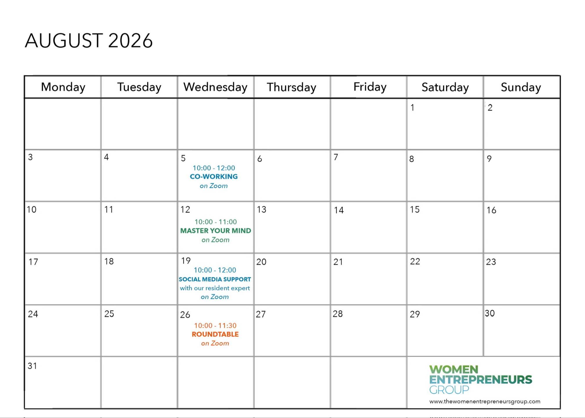 Monthly calendar of Women Entrepreneurs Group online and in person events for women entrepreneurs and solopreneurs