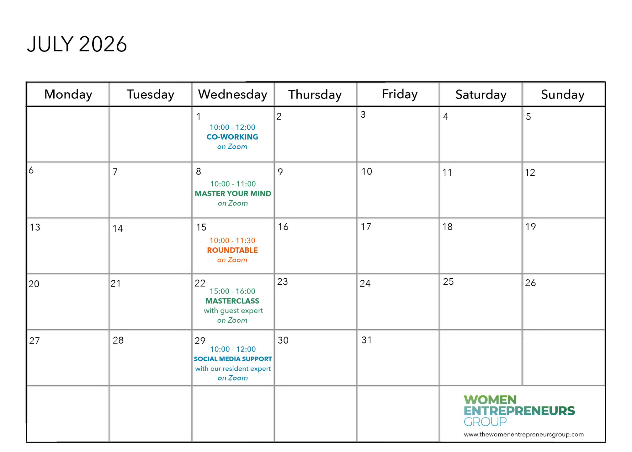 Monthly calendar of Women Entrepreneurs Group online and in person events for women entrepreneurs and solopreneurs