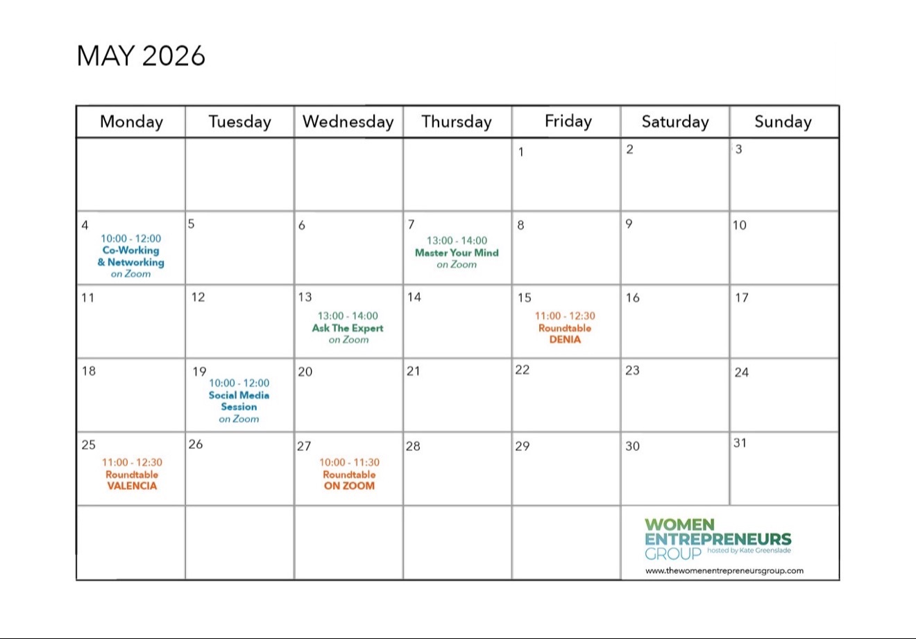 Monthly calendar of Women Entrepreneurs Group online and in person events for women entrepreneurs and solopreneurs
