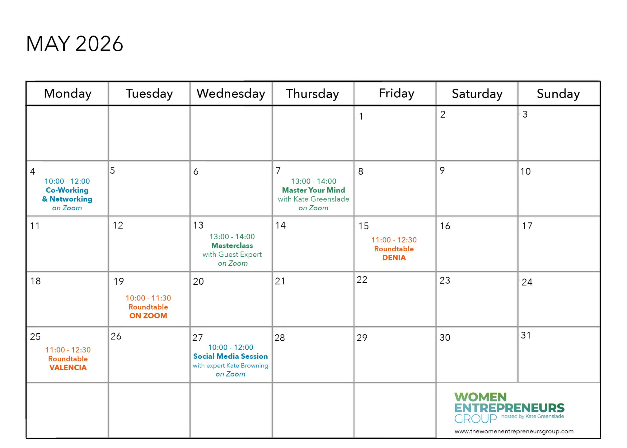 Monthly calendar of Women Entrepreneurs Group online and in person events for women entrepreneurs and solopreneurs