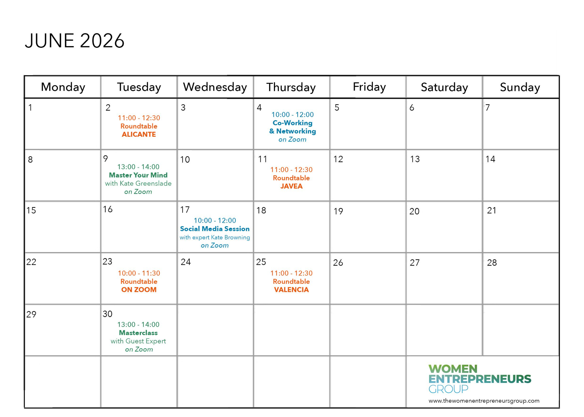 Monthly calendar of Women Entrepreneurs Group online and in person events for women entrepreneurs and solopreneurs