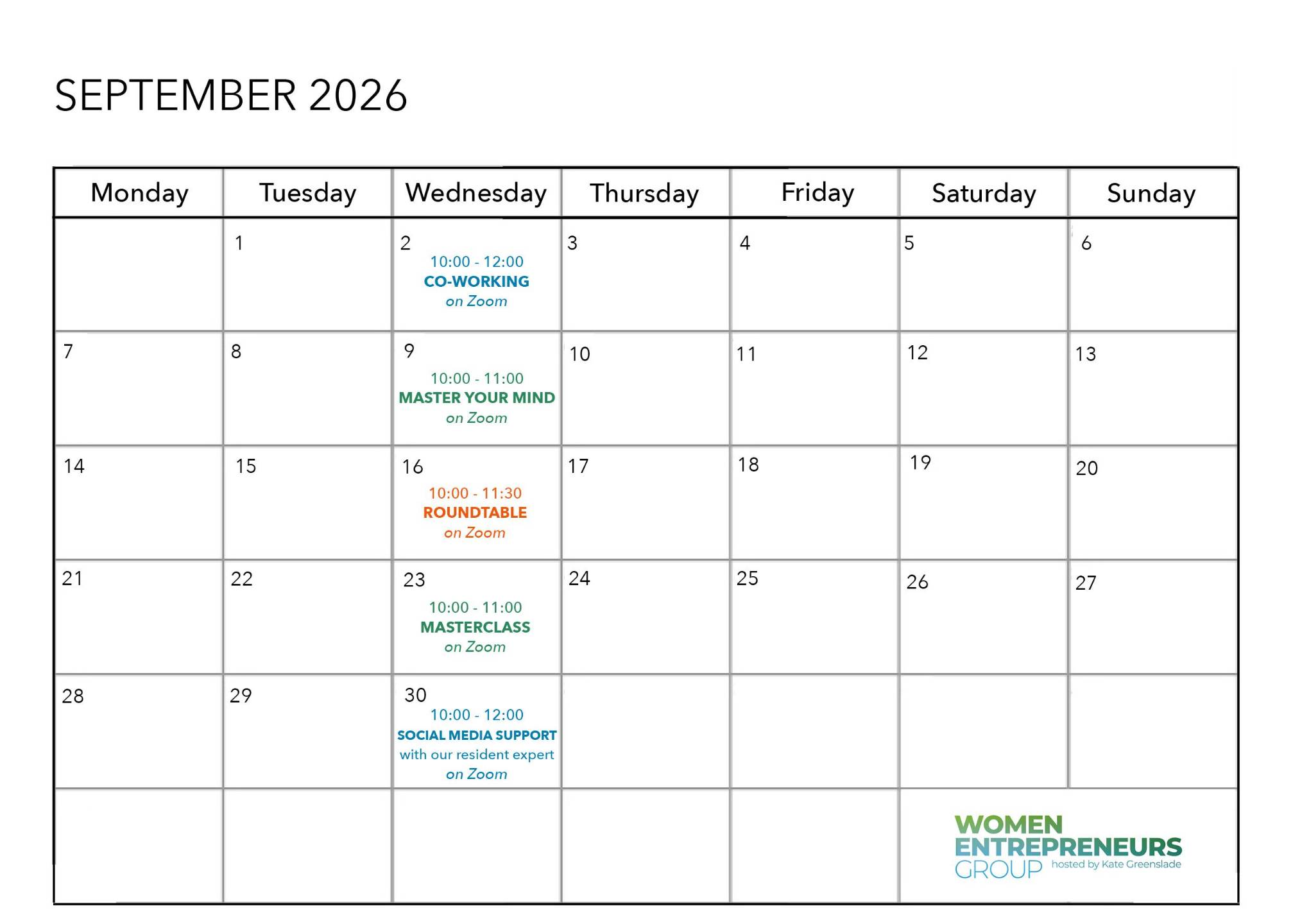 Monthly calendar of Women Entrepreneurs Group online and in person events for women entrepreneurs and solopreneurs