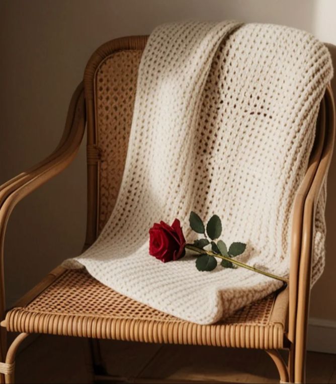 chair with a cozy blanket draped over it with a beautiful long-stem rose, inviting you to claim your seat. 